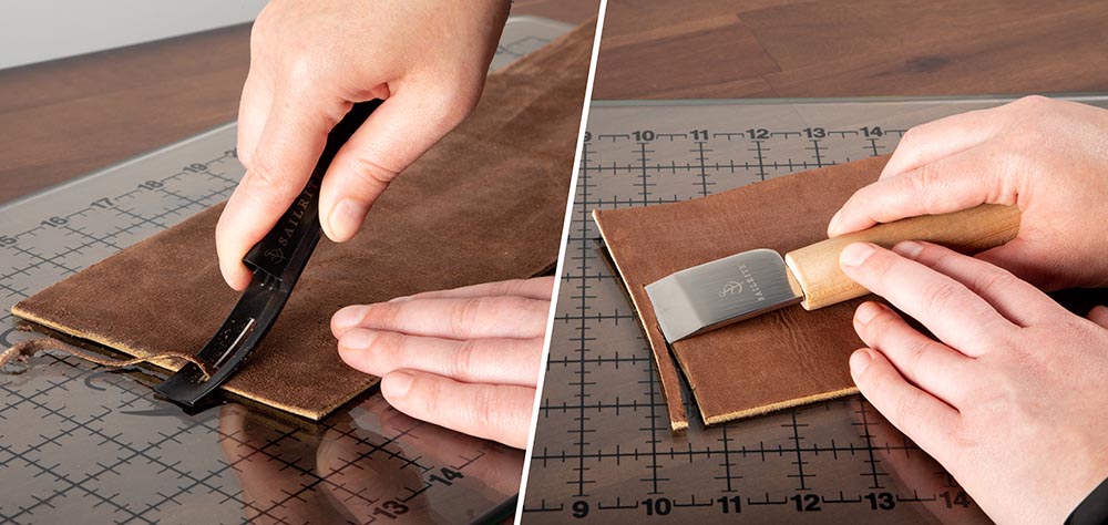 Knives and skiving tools can be used to thin or skive leather.